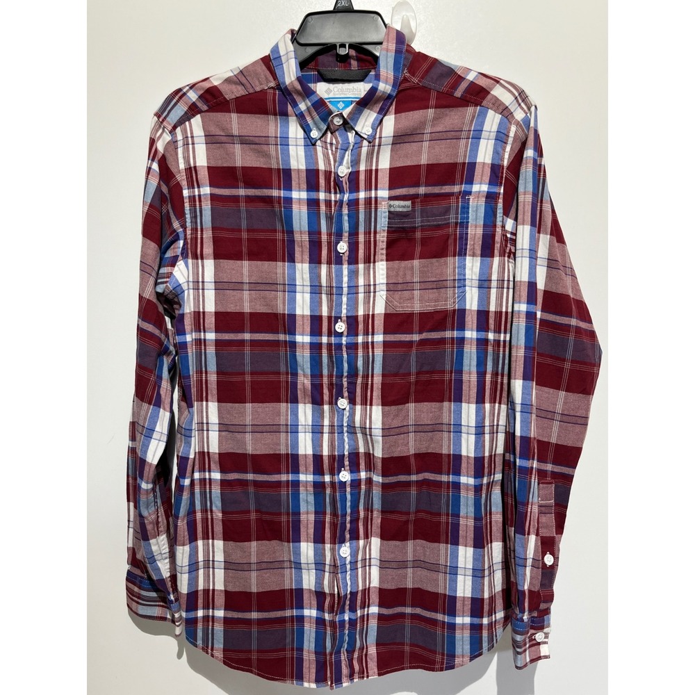Columbia Mens LT Large Tall Plaid Button Down Shirt Burgundy‎ Blue Long Sleeve